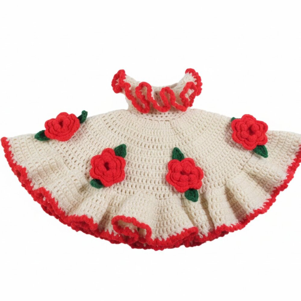 Handmade Crochet Doll Dress for 12–14” Dolls – White Flared with red roses